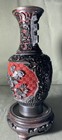 Vtg Hand Carved Chinese Red black Cinnabar On Brass W blue Enamel 8 25    W base