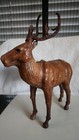 Vintage Folk Art Hand Carved Wood Stag Statue Leather Ears Grapevine Antlers 14 