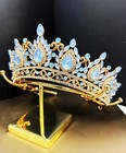 Gold Crown Crystal Tiara  Princess Crown  Gold Wedding Tiara  Cream Blue Crown