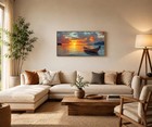 Large Sunset Ocean Boat Wall Art  Island Coastal Seascape Canvas  24x48 In      