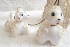 Vtg White   Gold Spaghetti Poodle With Two Puppies On Leash Figurine Too Cute 