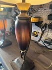Pair Of Vintage Mcm Wood And Amber Lucite Table Lamps Art Deco Van Teal