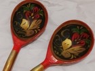 Russian Vintage Folk Art Set Of 2 Khokhloma Hohloma Hand Painted Wood Spoons