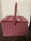 Vintage Weaved Sewing Basket Filled With Vintage Sewing Supplies 12   x12   x9 5   