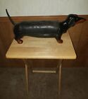 Vintage Dachshund Dog Foot Stool Folk Art Hand Carved Wood   Leather Signed 