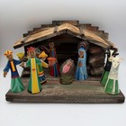 Vintage Haitian Nativity Steel Figures   Thatched Roof Wooden Cr  che Handmade