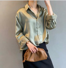 Women Autumn Fashion Button Up Satin Silk Shirt Vintage Blouse White Long Sleeve