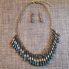 Blue   Gold Glass Beaded Necklace   Earrings Set  Gold Tone Fashion Jewelry