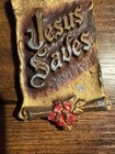 Antique Vintage Zondervan Jesus Saves Polychrome Cast Metal Wall Plaque 3 5 