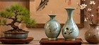 Vintage Signed Korean Celadon Miniature Vase Set Pair Inlaid Crane Ceramic
