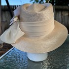 Vintage Champagne Straw Derby Hat Rose Floral Chiffon Ruffle Wedding Church Hat