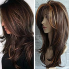 New Women Dark Brown W gold Highlight Ombre Shoulder Length Curly Hair Wig 