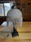 Vtg Boudoir Victorian Beaded Fringe Lamp Frosted Glass Tortoise Design Art Deco 