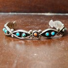 Zuni Cuff Bracelet Sterling Silver Natural Pinpoint Turquoise Coral 1970s