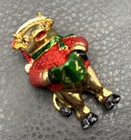 Vintage Ajc Enamel Christmas Singing Pig Carol Brooch Pin Red Green Glitter