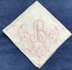 2 Vintage Monogram B Hankies Floral Madeira Linen White Pink Lot