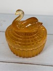 Vintage Indiana Glass Tiara Amber Covered Swan Candy Dish Powder Jar