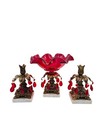 Rare New Martinsville Console Set Ruby Red Glass Marble Brass Base Deco Regency