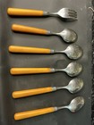 Vtg Stanley Roberts Stainless Flatware W  Butterscotch Bakelite Handles  6pc 