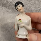 Antique Art Deco Porcelain Half Doll Flapper Black Bob Flower Pincushion 3   