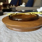 Vintage Amber Glass 4 Slot Cigarette Cigar Ashtray Large 8 5    W  Wood Base