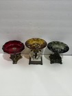 Vtg Mcm Hollywood Regency 3 Ashtrays Ruby  Amber  Gray Smoke Glass Brass
