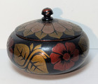 Vtg Russian black Forest Folk Art Wooden Trinket Box W lid Round Black Red Gold