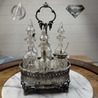 Antique Etched Glass 6 Piece Cruet Condiment Set Silver Plate Caddy Beautiful  