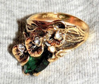 Art Nouveau Ring Lilies With Rhinestones And Faux Emerald Signed Vintage Vargas