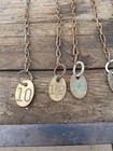 Antique Vintage Brass Numbered Cow   Cattle Tags And Original Chains  6 Pieces 