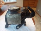 Vintage Wood Carved Elephant Statue 9 5  Tall Embellished With Brass And Silver