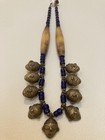 Rare Vintage Tribal Brass Head Necklace     9 Pendants  Handmade India  Blue Beads