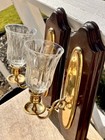 Vintage Brass And Wood Wall Sconces Candle Holders Glass Shades Set Of 2