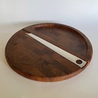 Vtg Mid Century Danish Modern Teak Wood Round Staved Charcuterie Tray Ss Knife