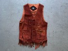 80s Vintage Motorhead Patched Suede Leather Brown Tan Fringe Biker Rock Vest S