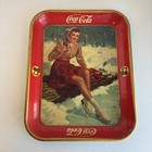 2 Original Coca Cola Tin Lithograph Tray 1941 Ice Skating Girl 1940 Fishing Read