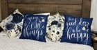 Set Of Four Decorative Pillows Blue white Floral Design With Inspiring Phrases