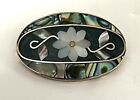 Vtg Flower Abalone Mother Of Pearl Wire Inlay Oval Brooch Pendant Mexico Alpaca