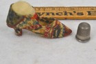 Antique Sewing Pin Cushion   Thimble Miniature High Heel Fabric Shoe 2 75 