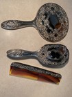 Vtg Ornate Heavy Vanity Set Hand Mirror Hair Brush Comb Silverplated Int  Silver