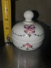 1975 Milk Glass Vanity Lidded Jar Hand Painted Pink Roses Purple Bows  Signed
