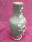 Antique Chinese Celadon Crackle Green Pottery Vase With Birds   Flowers 7 25 