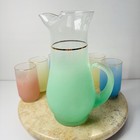 1950s Mcm Blendo Frosted Glass Gold Rim 7 Piece Pitcher   12oz Tumblers Set