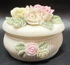 Vintage Hand Carved Alabaster Floral Trinket Box Roses Italy Vanity Decor Gift