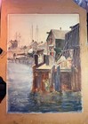 Antique Nautical Boats Dock Watercolor Painting American Art Coastal Landscape
