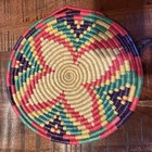 Vtg Natural Coiled Handwoven Woven Wall Boho Plate Pink Blue   Purple Flower 10 