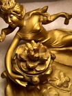 Bronze Art Nouveau Inkstand Lady Lounging Near 2 Hinged Flowered Inkwell Lids