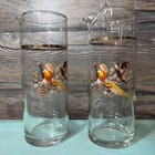 Vintage Martini Cocktail Pitcher Glass Barware Birds Pheasants Gold Trim Set 2