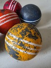 Vintage Set Of 6 Wood Croquet Balls 3 Stripes 3    Smooth Aged Peeling Paint Look