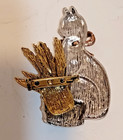 Silver Plated Cat With Basket Of Apples And Wheat Pin Brooch